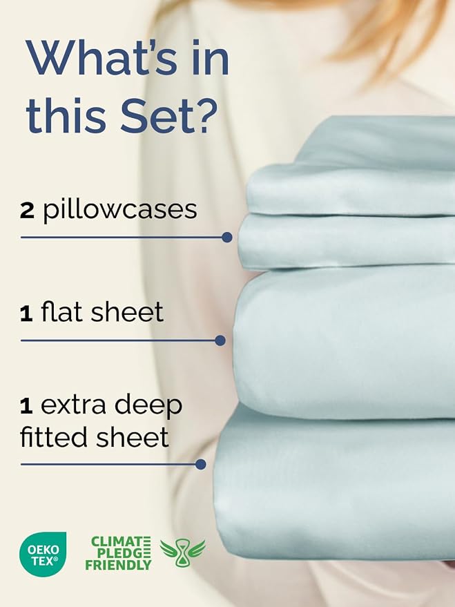 Extra Deep Queen Sheet Set - 4 Piece Breathable & Cooling Sheets - Ice Blue | Easily Fits 18 to 24 inch Mattress - Ultra Soft, Wrinkle & Fade Free with Extra Deep Pockets - Comfy Hotel Luxury Bedding