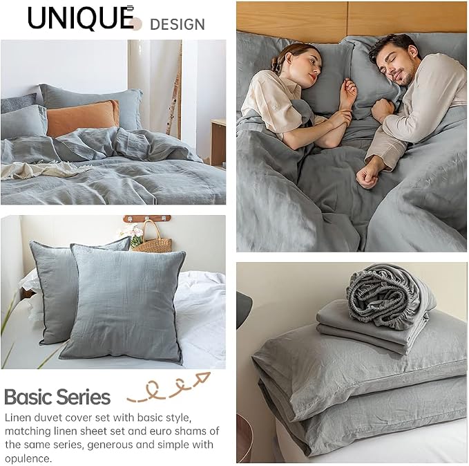 Simple&Opulence 100% Linen Duvet Cover Set 3pcs Basic Style Natural French Washed Flax Solid Color Soft Breathable Farmhouse Bedding with Button Closure - Ultimate Grey, Queen