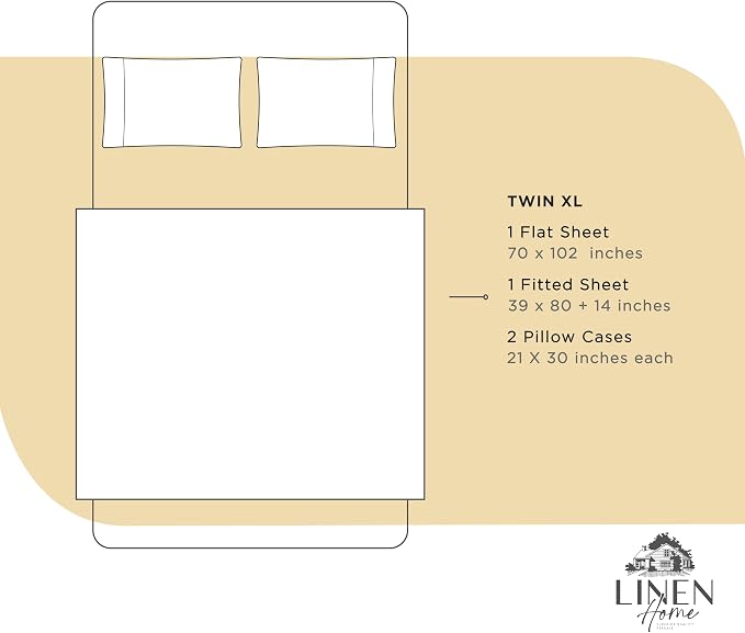 Linen Home 100% Cotton Percale Sheets Twin XL Size, Ivory, Deep Pocket, 3 Pieces Set - 1 Flat, 1 Deep Pocket Fitted Sheet and 1 Pillowcase, Crisp Cool and Strong Bed Linen