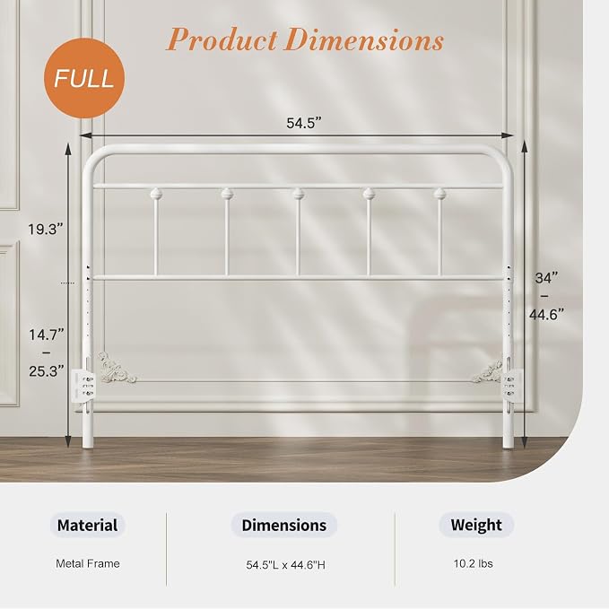 Victorian Metal Full Size Headboard, Adjustable Height, White | Sturdy Steel Full Head Board Only for Bedroom, Bed Frame Brackets Adapter, Farmhouse Vintage Style, Easy Assembly