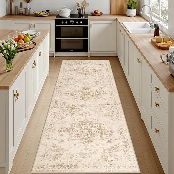 2'6''x8' Hallway Washable Runner Rug: Kitchen Carpet Beige/Ivory | Vintage Boho Soft Small Indoor Decor Floor Non-Slip Low Pile Neutral Farmhouse Entryway Laundry Bathroom Bedroom Beside Rugs