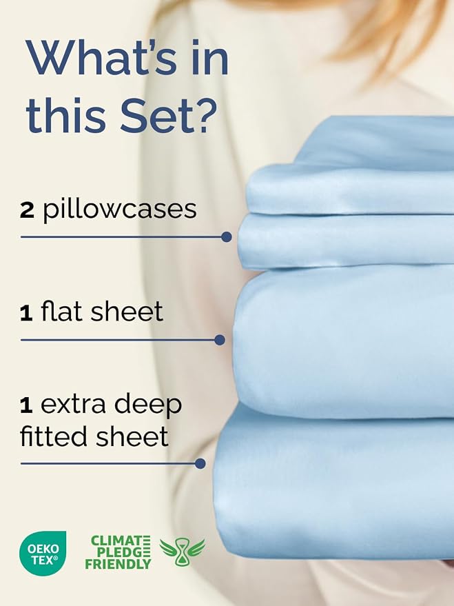 Extra Deep Twin Sheet Set - 4 Piece Breathable Cooling Sheets - Light Blue | Hotel Luxury Bed Sheets Set, Easy & Secure Fit, Ultra-Soft, Wrinkle & Fade Free, Comfy Sheets Set with Extra Deep Pockets