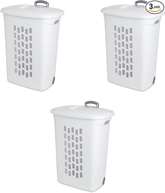 Sterilite Ultra™ Wheeled Hamper, Plastic Laundry Hamper, White, 3 Pack