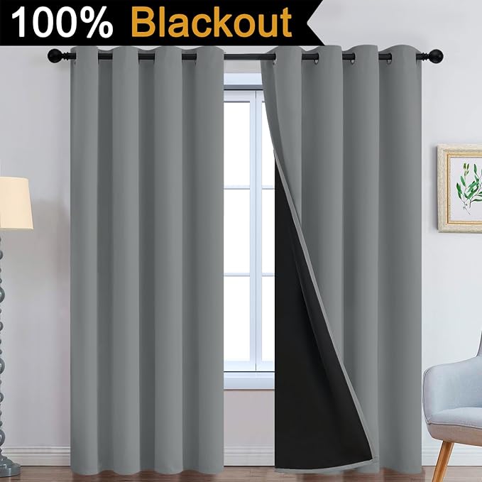 Yakamok Dove Grey 100% Blackout Curtains 84 Inches Long 52" Wide 2 Panel | Blackout Curtain Panels for Bedroom, 2 Thick Layers Grommet Top Thermal Insulated Drapes with Black Liner for Living Room