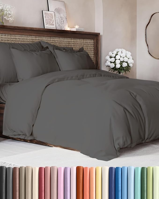 Duvet Cover Cal King Size - 3 Piece with Zipper Closure - Charcoal | Extra Soft, Breathable, Cal King Duvet Cover 104" x 98" with 2 Pillow Shams, Zipper Closures & Ties, Women, Men, Kids & Teens