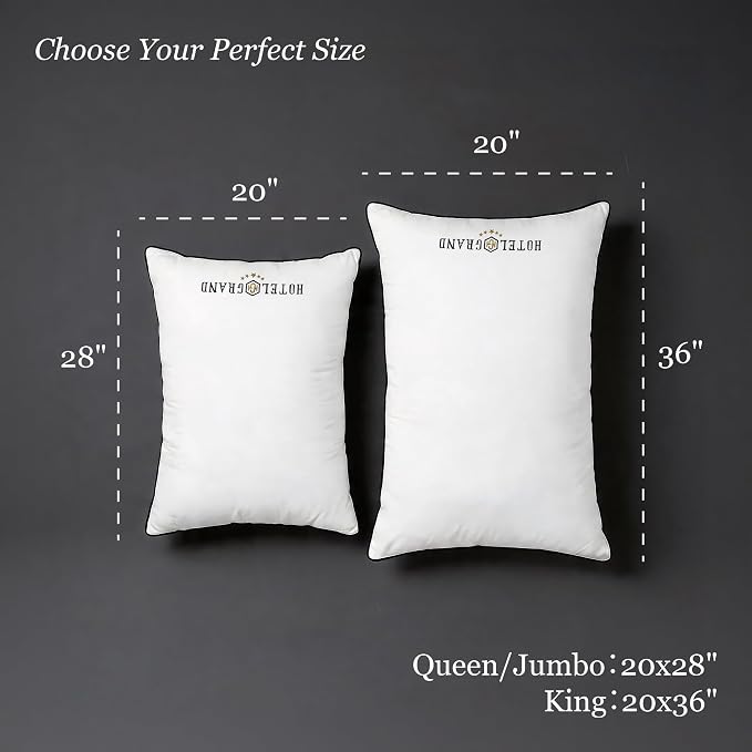 Hotel Grand Bed Pillows King Size Set of 2, Medium Soft Down Alternative | Hotel Sleeping Pillows for Side Back Stomach Sleepers, 400 Thread Count Breathable Cotton Cover, 20x36 Inches