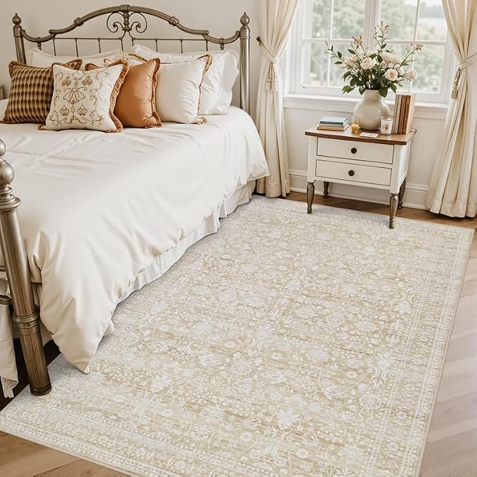 6x9 Area Rugs Living Room: Bedroom Washable Carpet Natural Beige | Large Vintage Boho Indoor Decor Carpets Soft Nursery Farmhouse Dining Room Office Floor Non-Slip Low Pile Under Table Rug