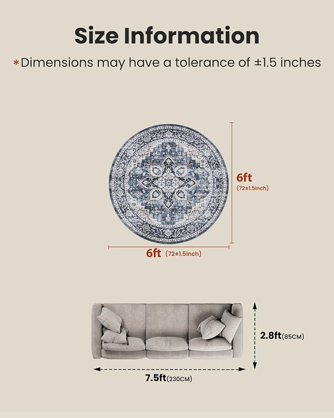 AMADA HOMEFURNISHING Round 6ft Area Rugs, Low-Profile Washable Rug with Non-Slip Backing & Durable Edge Binding, Vintage Rugs for Living Room, Bedroom, Dinning Room