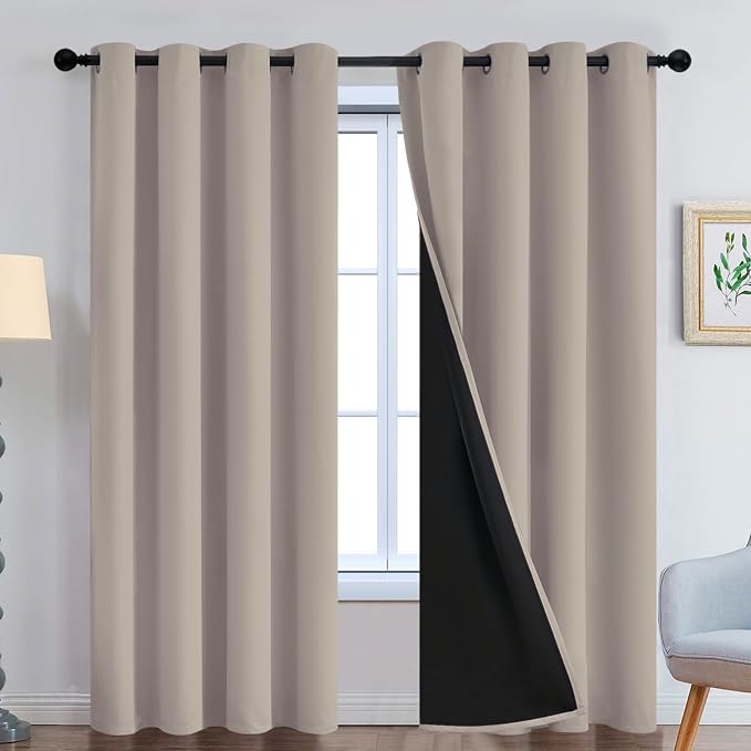 Yakamok Natural Blackout Curtains 84 Inches Long for Bedroom 52" Wide 2 PCS | Blackout Curtain Panels for Bedroom, 2 Thick Layers Grommet Top Thermal Insulated Drapes with Black Liner for Living Room