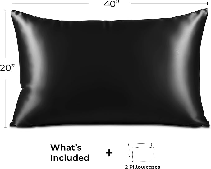 Pure Bedding Satin Pillowcase 2 Pack - King Size (20"x40", Black) - Silky Pillow Cases for Hair and Skin - Satin Pillow Covers with Envelope Closure - Extra Soft Premium Microfiber