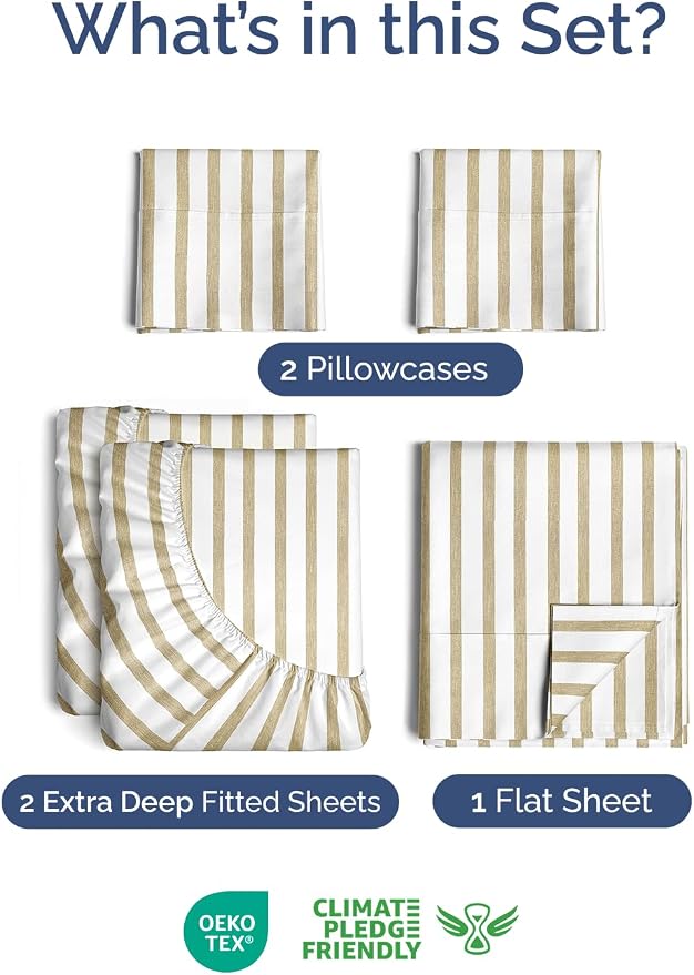 Extra Deep Split King Sheet Set - 5 Piece Cooling Sheets - Beige Stripes | Easily Fits 18 to 24 inch Mattress - Ultra Soft, Wrinkle & Fade Free with Extra Deep Pockets - Comfy Hotel Luxury Bedding