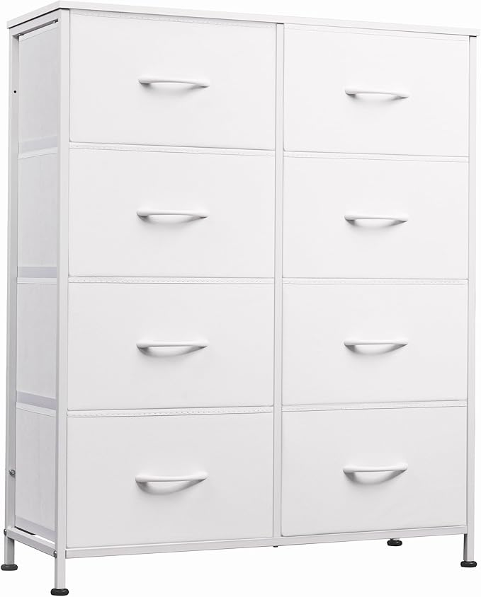 WLIVE 8 Drawer White Fabric Dresser for Bedroom, Tall Storage Tower | White tall 8-drawer fabric dresser with bins, ideal baby dresser for nursery kids room closet toddler clothes organization