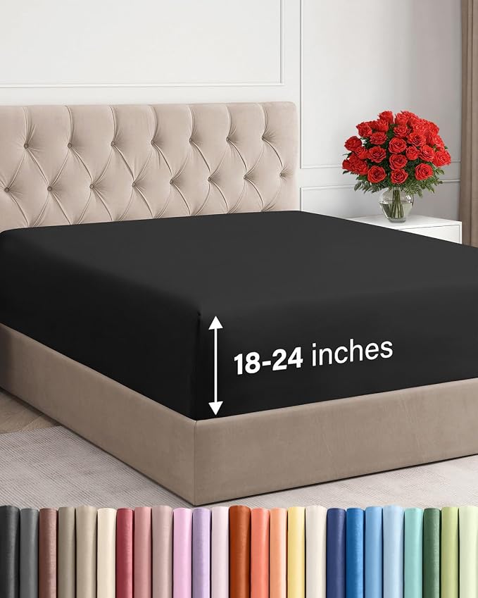 Extra Deep Cal King Fitted Sheet - Single Fitted Sheet Only - Black | Easily Fits 18 inch to 24 inch Mattress, Soft, Wrinkle Free, Breathable & Comfy, Extra Deep Pockets Hotel Luxury Fitted Sheet
