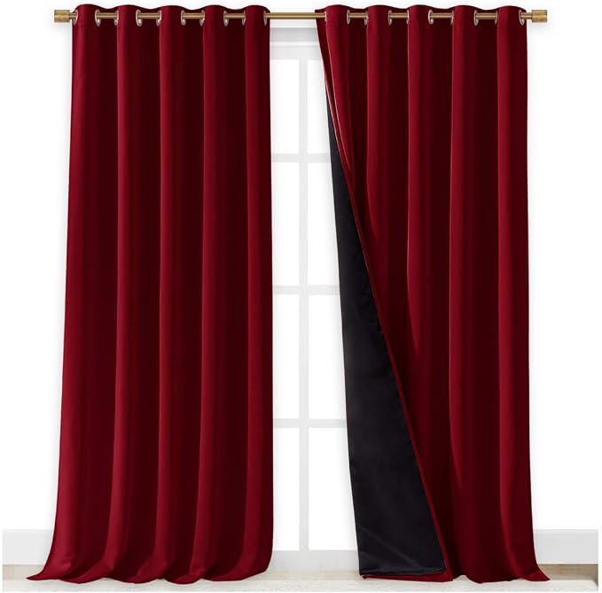 NICETOWN Truly Blackout Drapes for Living Room, Heavy-Duty Full Light Shading Curtain Set with Black Liner Backing for Villa/Hall/Dorm Window（Burgundy Red, Set of 2, 70 inches Wide x 95 inches Long