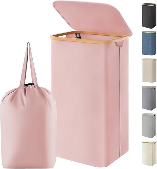 Lifewit 100L Laundry Basket with Lid, Clothes Hampers for Laundry with Bamboo Handles and 1 Removable Bag, Large Foldable Laundry Hamper for Bedroom, Bathroom, Dorm, Laundry Room, Pink