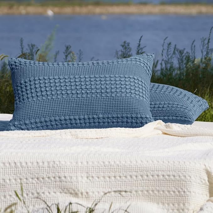 PHF 100% Cotton Waffle Pillow Shams Queen Size, 2 Pack 20" x 30" Soft Skin-Friendly Pillowcases, No Filling, Aesthetic Woven and Breathable Waffle Weave Pillow Case Covers for Bed, Denim Blue