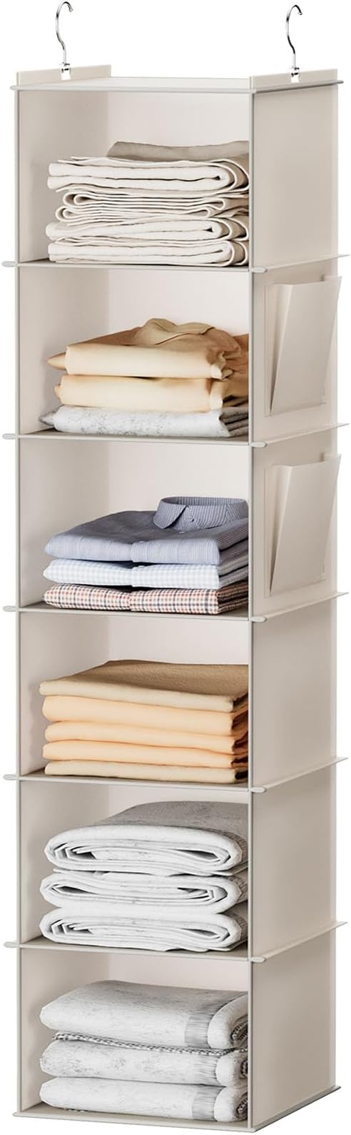 YOUDENOVA Hanging Closet Organizer and Storage, 6-Shelf, Beige | Breathable Fabric, 2 Side Pockets, Clothes Organizer, Hanging Shelves, Closet Storage, College Dorm Room Essentials for Guys