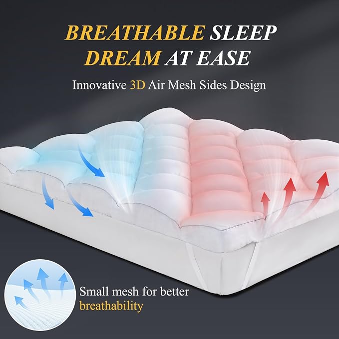 DOWNCOOL 3 Inch King Mattress Topper, Ultra Thick and Fluffy Supportive Memory Foam Mattress Topper for Body Pain, Mattress Pad with Breathable Mesh Design for Deep Sleep, 80x78x3 Inches