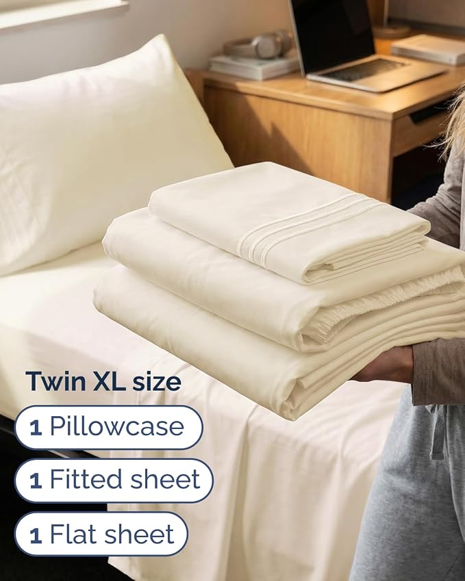 Twin XL 3 Piece Sheet Set - College Dorm Room Essentials - Off White | Deep Pocket Bed Sheets for Women, Men, Teens & Students, Soft, Cooling, Breathable & Wrinkle Free, Oeko-Tex Bed Sheet Set