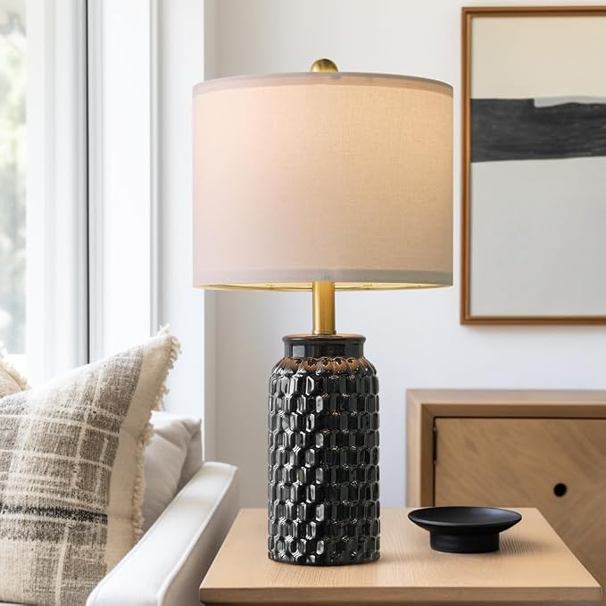 USumkky 20.5" Black Modern Ceramic Bedside Lamp Set of 2 for Bedroom Decor Farmhouse Table Lamp for Living Room Office Dorm