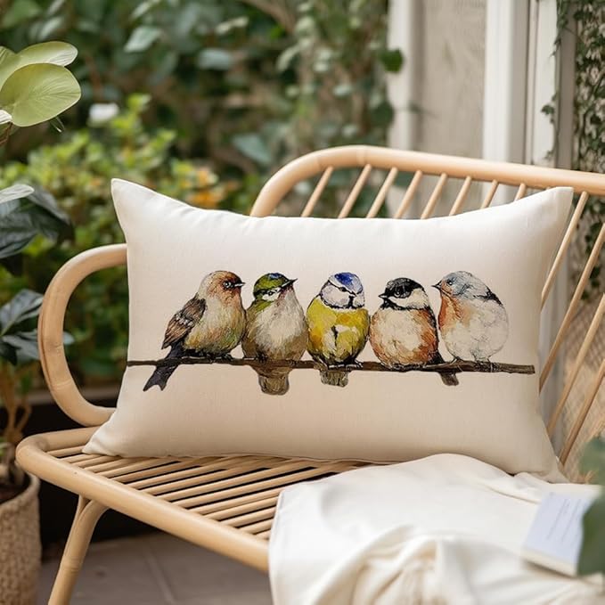 RABUSOFA Watercolor Birds Pillows Decorative Throw Pillows 12x20,Hand-Painted Oil Painting Rustic Birds Lumbar Pillow Cases,Cute Colorful Spring Summer Decorations for Home Couch Sofa Outdoor