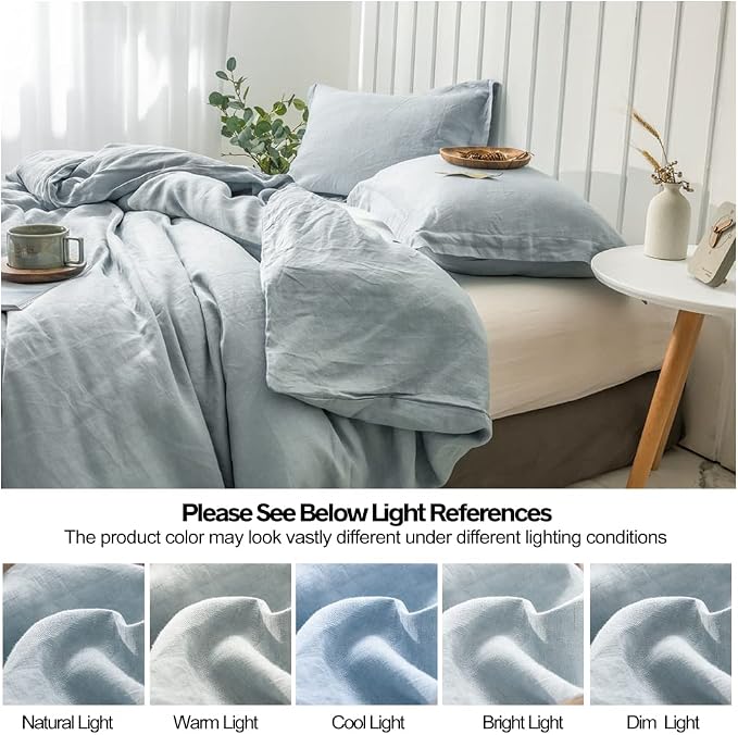 Simple&Opulence 100% Linen Duvet Cover Set 3pcs Basic Style Natural French Washed Flax Solid Color Soft Breathable Farmhouse Bedding with Button Closure - Dusty Blue, Queen