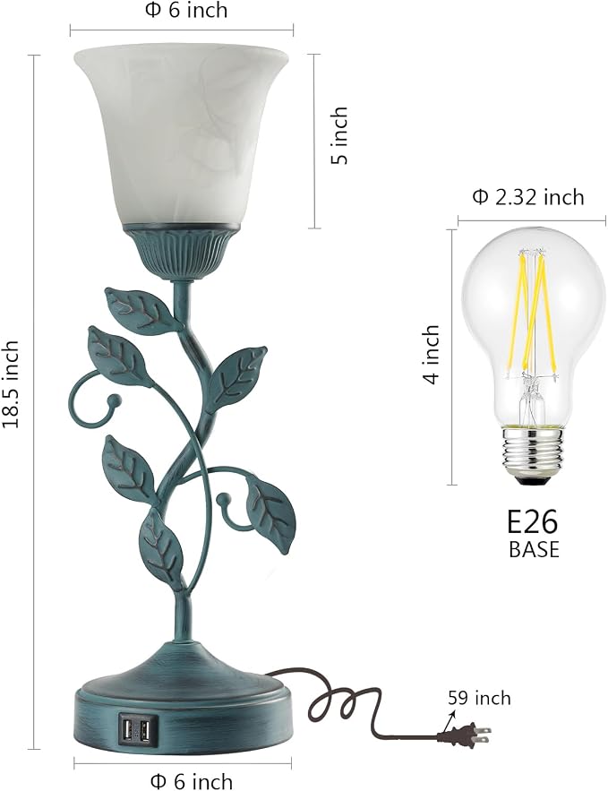 Vintage Touch Table Lamp for Living Room with 2 USB C+A Ports | 3-Way Dimmable Nightstand Lamp, Farmhouse Rustic White Glass Shade Leaf Desk Lamp for Bedroom End Table, LED Bulb Included