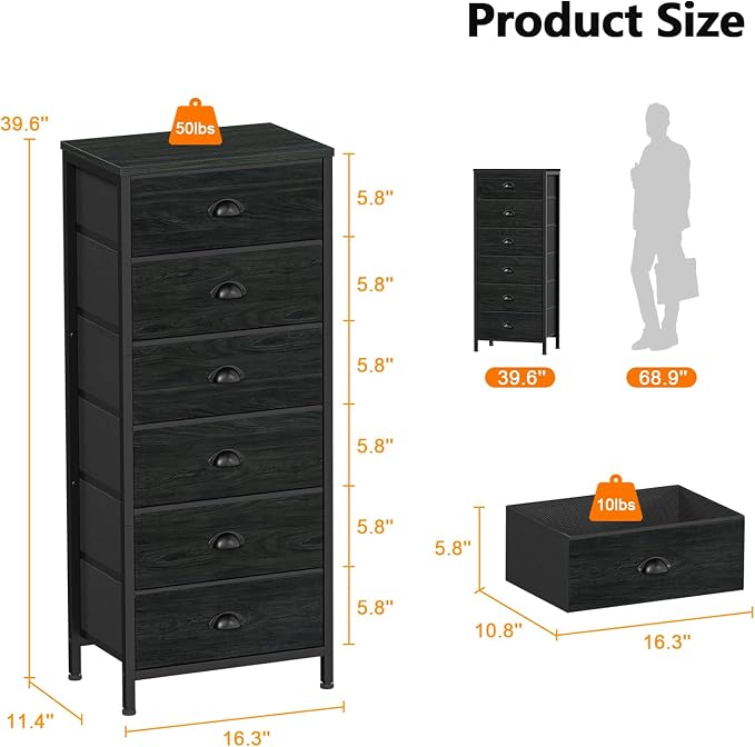 Furnulem Black Dresser for Bedroom, Tall Fabric Chest of Drawers | Bedroom Dresser with 6 Fabric Bins, Vertical Storage Drawer for Dorm, Organizer in Closet, Living Room, Wood Top, Metal Frame