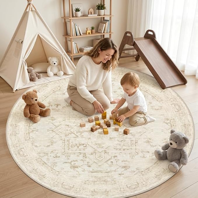 Round Area Rug Living Room: 8ft Washable Carpet Beige/Brown | Vintage Boho Circle Soft Large Circular Carpet Bedroom Nursery Neutral Dining Room Indoor Decor Floor Non-Slip Under Table