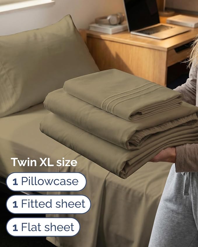 Twin XL 3 Piece Sheet Set - College Dorm Room Essentials - Khaki | Deep Pocket Bed Sheets for Women, Men, Teens & Students, Soft, Cooling, Breathable & Wrinkle Free, Oeko-Tex Bed Sheet Set