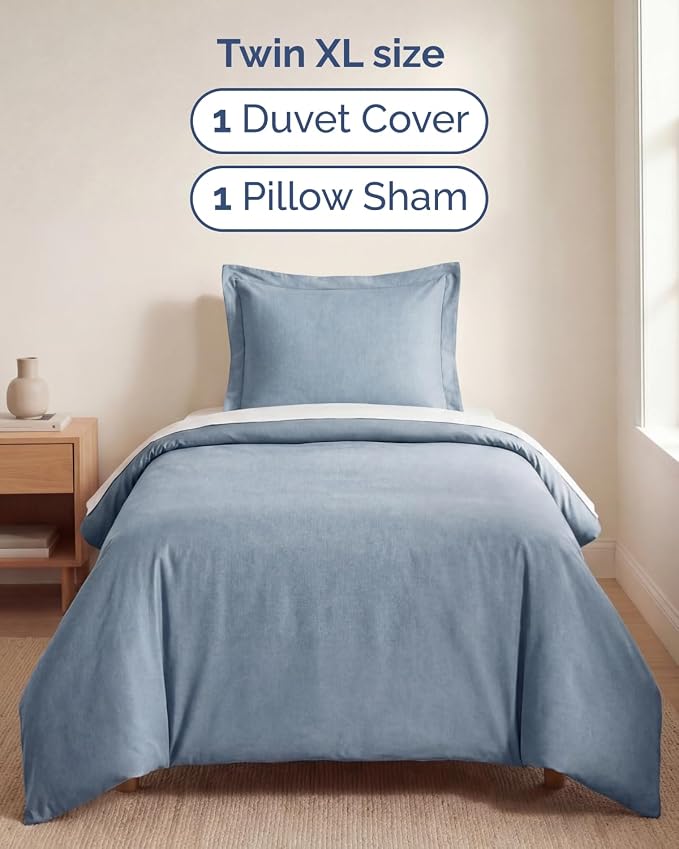 Duvet Cover Twin/Twin XL - 2 Piece with Zipper Closure - Heathered Blue | Extra Soft, Breathable, Twin/Twin XL Duvet Cover 68" x 90" w/ 1 Pillow Sham, Zipper Closures & Ties, Women, Men, Kids & Teens