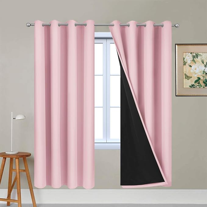 Yakamok Pink 100% Blackout Curtains 72 Inches Long for Bedroom 52" Wide | Blackout Curtain Panels for Bedroom, 2 Thick Layers Grommet Top Thermal Insulated Drapes with Black Liner for Living Room
