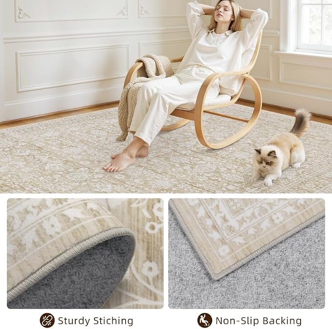 8x10 Area Rugs Living Room: Bedroom Washable Carpet Natural Beige | Large Vintage Boho Indoor Decor Carpets Soft Nursery Farmhouse Dining Room Office Floor Non-Slip Low Pile Under Table Rug