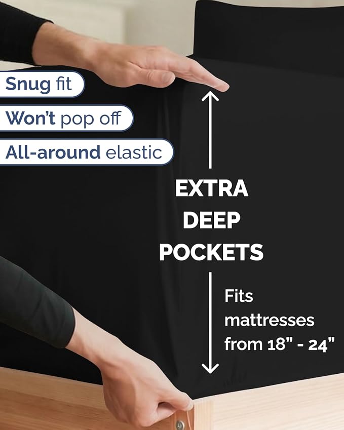 Extra Deep Twin XL Sheet Set - 3 Piece College Dorm Room - Black | Soft, Breathable & Cooling, Easily Fits 18 to 24 inch Mattress, Wrinkle Free & Fade Resistant with Extra Deep Pockets