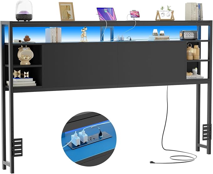 Unikito King Size Headboard with Storage, Headboard with Power Outlet and RGB LED Lights, Sturdy Head Board for King Size Bed, Stable Headboards Only for Bedroom, Dorm Room, Guest Room, Black