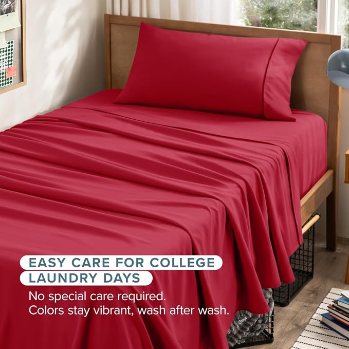 Bare Home Twin XL Sheet Set - 1800 Ultra-Soft (Twin XL, Red) | Deep Pockets 6 to 15 Inches, Breathable, Hypoallergenic, Hotel Luxury, Easy Fit, Soft, All-Season