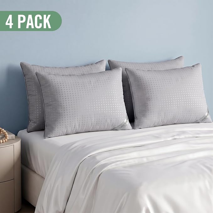 Standard Size Bed Pillows for Sleeping Set of 4,4 Pack Great Support Luxury Hotel Pillows for Side,Stomach and Back Sleepers(Grey,4-Pack)