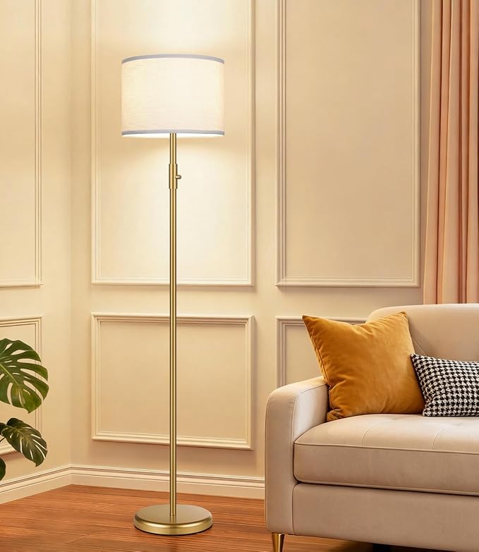 【Upgraded】 Dimmable Gold Floor Lamps for Living Room, 9W LED Bulb Included, Modern Standing Lamp with White Lamp Shade, Tall Pole Light for Bedroom Reading Office Corner Nursery