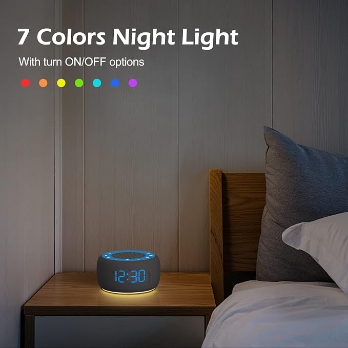Buffbee Sound Machine & Alarm Clock 2-in-1, Bedroom Sleep Clock | 0-100% Clock Face Brightness, Bottom Colored Light, Sleep Timer, Precise 30-Level Volume Control White Noise Machines