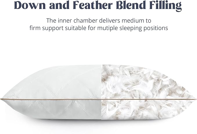 puredown® Goose Feathers and Down Pillow with Diamond Quilting with 100% Cotton Cover, Pack of 2, Queen Size