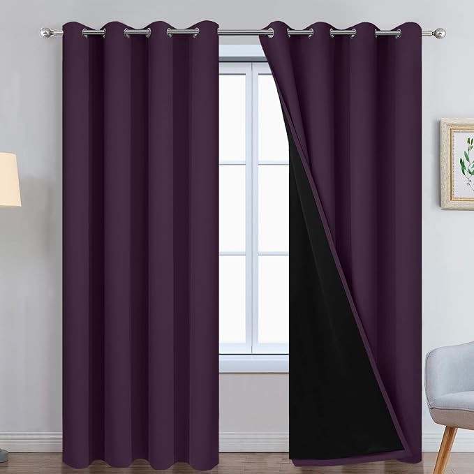 Yakamok Purple 100% Blackout Curtains 84 Inches Long for Bedroom 52" Wide | Blackout Curtain Panels for Bedroom, 2 Thick Layers Grommet Top Thermal Insulated Drapes with Black Liner for Living Room