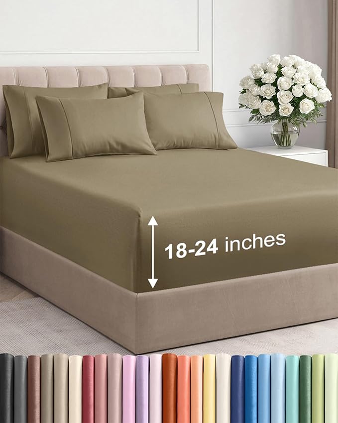 Extra Deep Full Sheet Set - 6 Piece Breathable and Cooling Sheets - Khaki | Hotel Luxury Bed Sheets Set, Easy & Secure Fit, Ultra-Soft, Wrinkle & Fade Free, Comfy Sheets Set with Extra Deep Pockets