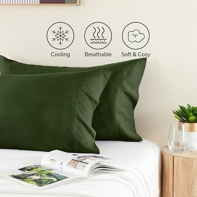 BEDELITE King Pillow Cases Set of 2, Rayon Derived from Bamboo, Olive Green | Cooling and Breathable Pillow Cover for Hot Sleepers & Night Sweats, Silky Soft Cozy, Envelope Closure, 20x36 Inches