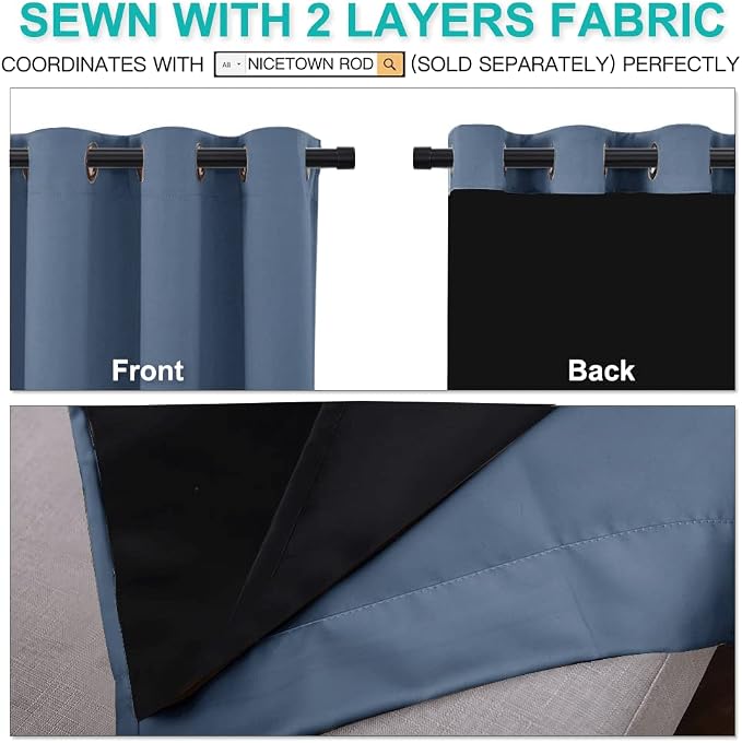 NICETOWN 100% Blackout Curtains 84 inches Long, Pair of Energy Smart & Noise Blocking Out Drapes for Baby Room Window, Thermal Insulated Guest Room Lined Window Dressing (Stone Blue, 52 inches Wide) | 100% Room Darkening Energy Smart Noise Blocking Dra...