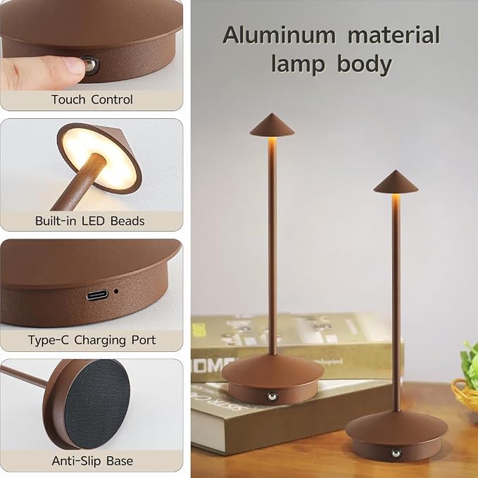 EJQ 2 Pack LED Rechargeable Cordless Table Lamps,Portable Outdoor 5000mAh Battery Operated Table Light Touch Control 3 Color Dimmable for Patio/Cofee/Restaurant/Camping/Dining/Bedroom-Brown