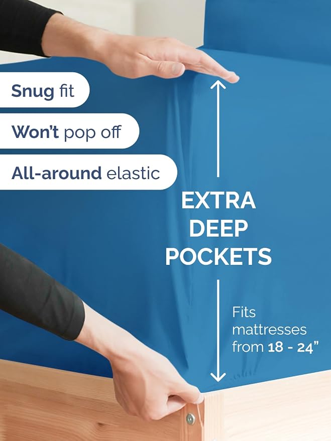 Extra Deep Queen Fitted Sheet - Single Fitted Sheet Only - Denim Blue | Easily Fits 18 inch to 24 inch Mattress, Soft, Wrinkle Free, Breathable & Comfy, Extra Deep Pockets Hotel Luxury Fitted Sheet