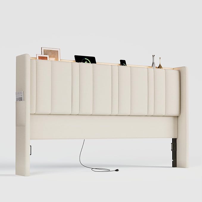 ONBRILL King Size Headboard with Storage, LED Light, Off White | Linen Vertical Wingback Headboard w/ Charging Station, Upholstered Head Board w/ High-Density Foam Padding, 2 Storage Pockets
