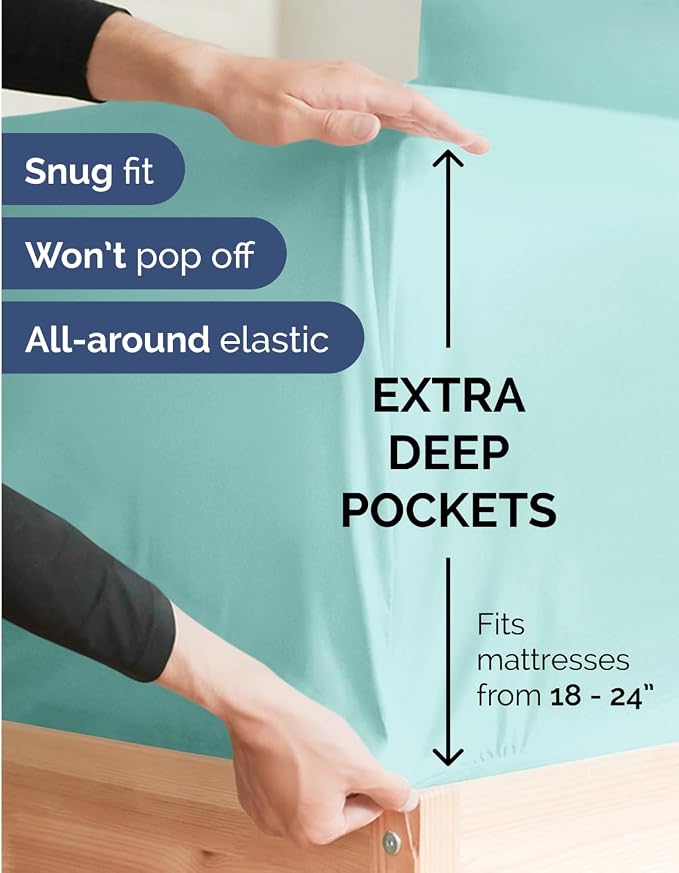 2 Pack Extra Deep Cal King Fitted Sheets with Extra Deep Pockets - Spa Blue | Hotel Luxury Bottom Fitted Sheets Only, Soft, Fade & Wrinkle Free, Breathable & Comfy, All Around Elastic Fitted Sheets