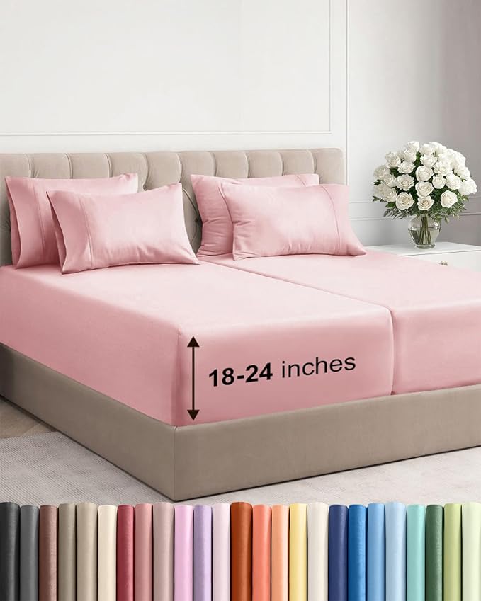 Extra Deep Split King Sheet Set - 7 Piece Breathable & Cooling - Baby Pink | Hotel Luxury Bed Sheets Set, Easy & Secure Fit, Ultra-Soft, Wrinkle & Fade Free, Comfy Sheets Set with Extra Deep Pockets