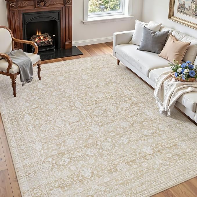 6x9 Area Rugs Living Room: Bedroom Washable Carpet Natural Beige | Large Vintage Boho Indoor Decor Carpets Soft Nursery Farmhouse Dining Room Office Floor Non-Slip Low Pile Under Table Rug